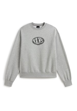 Gray sweatshirt with long sleeves, ribbed cuffs, and hem. Features a black oval logo with "VANS" text at the center. Soft, textured fabric.