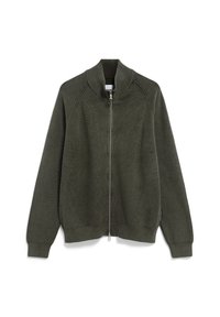 Dunkelgrüner Strick-Reißverschluss-Pullover mit hohem Kragen, gerippten Details und vollständigem Front-Reißverschluss. Verfügt über seitliche Perforationen und elastische Bündchen.
