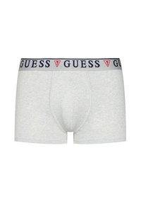Szürke pamut boxer alsónadrág, sötétkék elasztikus derékpánttal, ami az "GUESS" feliratot és egy piros háromszög logót visel.