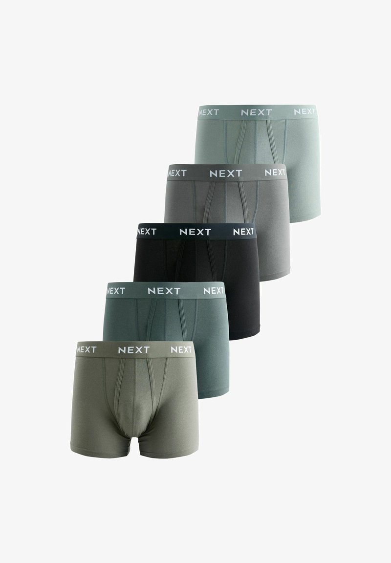 Cinq paires de boxers pour hommes dans différentes nuances de vert, gris et noir, chacune avec une ceinture élastique de marque "NEXT".