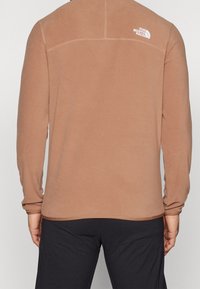 Uomo che indossa un pullover in pile marrone con il logo The North Face sulla parte superiore della schiena, abbinato a pantaloni neri, visto da dietro.