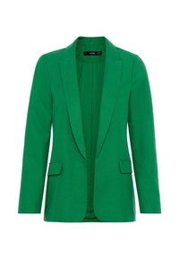 Zelený blazer vyrobený z hladké látky. Má klopový límec, dvě přední kapsy a přiléhavý střih. Otevřený vpředu bez zapínání na knoflíky.