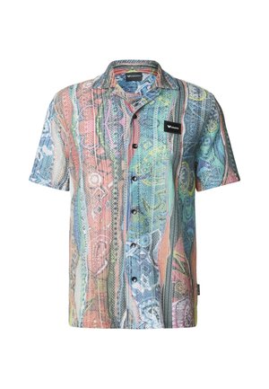 Koszula na krótki rękaw zapinana na guziki, z kolorowymi pionowymi paskami i misternymi abstrakcyjnymi wzorami, z małą czarną naszywką marki na piersi.