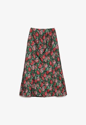 Gonna floreale con sfondo verde e grandi fiori rossi e rosa. Design a gonna a trapezio con una finitura liscia e strutturata.