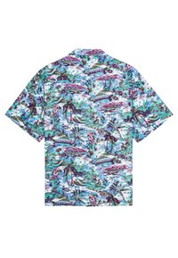 Koszula krótki rękaw z guziczkami w wielokolorowy tropikalny wzór. Zawiera odcienie niebieskiego, zielonego i fioletowego na białym tle.