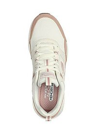 Zapatilla de malla blanca con acentos en rosa, punta redonda, cierre de cordones plano y plantilla acolchada. Marca visible en la lengüeta y el lateral.