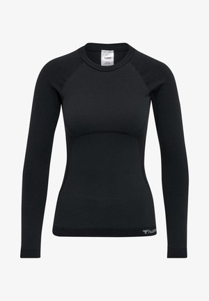 T-shirt noir à manches longues avec un design ajusté, fabriqué en tissu texturé. Comprend des manches raglan et un logo discret sur l'ourlet.