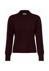Maglione a coste bordeaux con collo alto, maniche lunghe, polsini a coste e una silhouette aderente, realizzato in un morbido materiale simile alla lana.