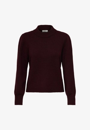 Burgundy knit sweater with a high neck, long sleeves, ribbed cuffs, and a fitted silhouette, made of soft wool-like material.