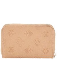 Beige Leder Geldbörse mit geprägten Blumenmustern, Reißverschluss und strukturierter Oberfläche. Kompakte rechteckige Form, glatte Kanten.