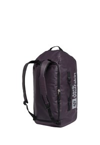 Zaino in tessuto viola con accenti neri, dotato di spallacci regolabili imbottiti, maniglia superiore e tasca laterale con zip. Logo visibile.