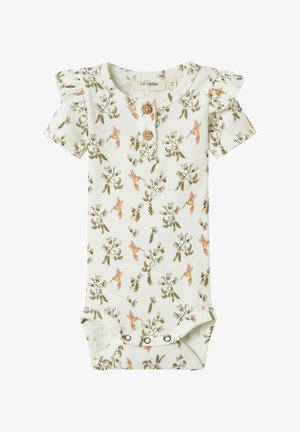 Combinaison courte à manches pour bébé en tissu côtelé, avec un imprimé floral et de colibris, trois boutons en bois et des fermetures à pression au bas.