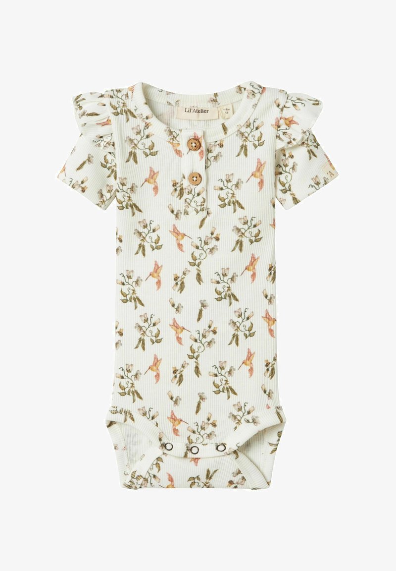 Bombažna bodi za dojenčke s kratkimi rokavi iz rebraste tkanine, ki ima cvetlični in kolibrijski print, tri lesene gumbe in spodnje zapiralo na pritiskač.