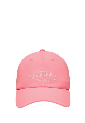 Roza baseball kapa z ukrivljenim robom, na sprednji plošči izvezen napis "CALIFORNIA West Coast" z belim sukancem.