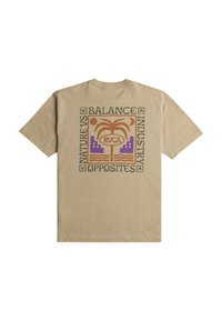 Tan short-sleeve T-shirt featuring a central graphic with stylized text and a palm tree design in brown and purple tones on the back.