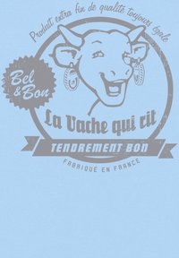 Světlomodrý pozadí se šedým vintage logem usmívající se krávy s náušnicemi a textem "Bel & Bon" a "La Vache qui rit TENDREMENT BON."
