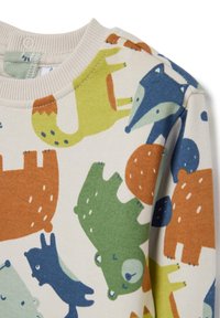 Katoenen sweatshirt met een beige achtergrond en kleurrijke dierenprints in groen, blauw, oranje en geel, en een geribde ronde hals.