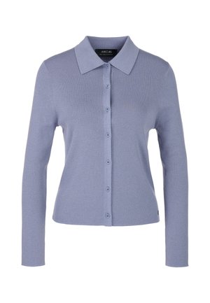 Hellvioletter, gerippter Cardigan mit Kragen, langen Ärmeln und durchgehender Knopfleiste vorne. Verfügt über eine dezente Textur und eine figurbetonte Passform.