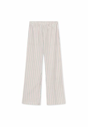 Svītrains bikses ar elastīgu jostasvietu, ar vertikālām sarkanu un zilu līnijām uz balta fona, izgatavotas no viegla auduma.