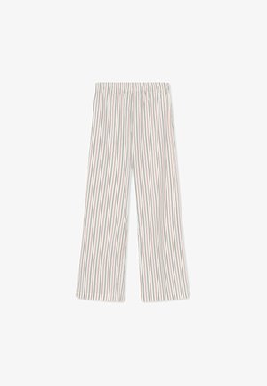 Triibulised püksid elastse vöökohaga, millel on vertikaalsed punased ja sinised triibud valgel taustal, valmistatud kergest kangast.