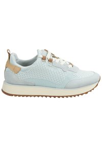 Light blue athletic shoe made of knit and suede with brown accents. Rounded toe, white laces, and textured rubber sole.