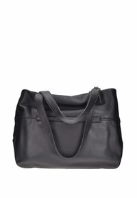 Borsa a spalla in pelle nera con due manici robusti, superficie texturizzata e ampio interno. Design semplice senza accessori o elementi metallici aggiuntivi.