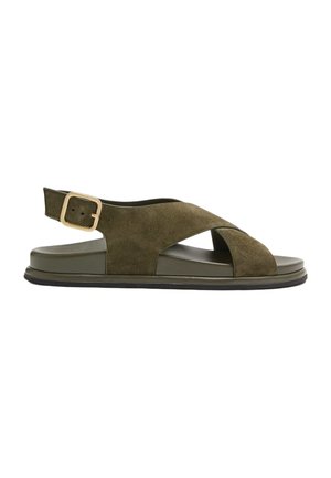 Olive green suede sandal with crisscross straps, adjustable gold buckle, flat sole, and open toe and heel design.
