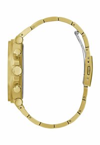 Orologio da polso dorato con cassa rotonda, tre pulsanti e bracciale a maglie. La finitura è opaca con una superficie liscia e accenti metallici.