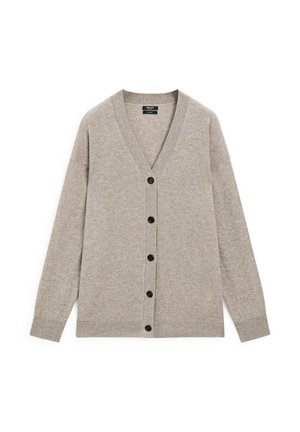 Grauer Cardigan mit V-Ausschnitt, langen Ärmeln und sechs schwarzen Knöpfen. Hergestellt aus weichem Strickmaterial mit einer strukturierten Oberfläche.