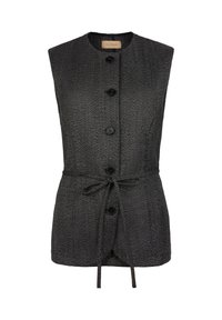 Ärmlös svart herringbone-väst med rund halsringning, fem framknappar och ett knytbälte i midjan för justerbar passform.