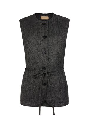 Ärmellose schwarze Fischgrat-Weste mit rundem Ausschnitt, fünf vorderen Knöpfen und einem Gürtel in der Taille für eine verstellbarePassform.