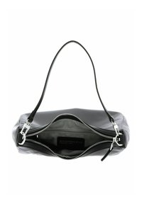 Sac à main gris avec une finition brillante, forme incurvée, bandoulière en cuir noir, fermeture éclair argentée et intérieur en tissu. Étiquette de la marque visible.