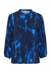 Pitkähihainen paita tummansinisessä sävyssä, jossa on abstrakteja vaaleansinisiä kuvioita, pyöreä kaulus ja nappikiinnitys, valmistettu pehmeästä kankaasta, jossa on sileä rakenne.