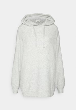 Hellgrauer, weicher Strick-Hoodie mit langen Ärmeln, Kängurutasche vorne, gerippten Bündchen und Saum sowie verstellbarer Kapuze mit Kordelzug.