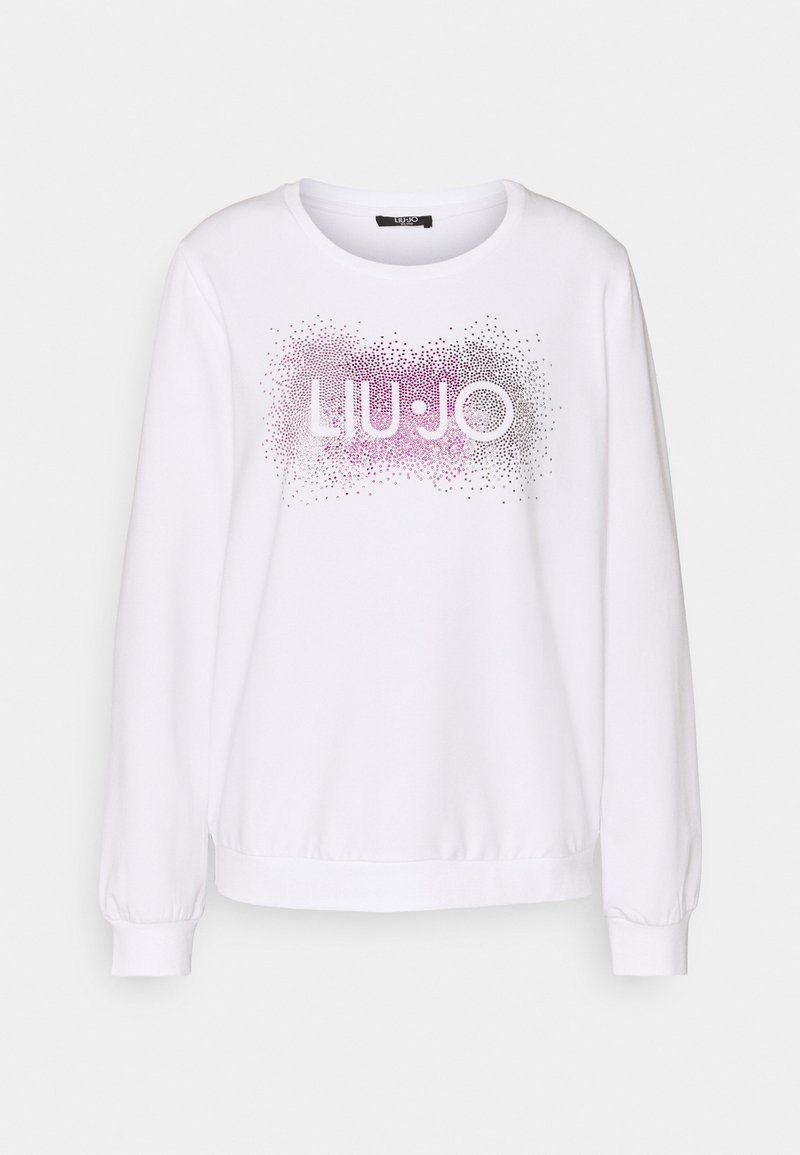 Bílá mikina s dlouhým rukávem, ribovanými manžetami a spodním lemem, s logem "LIU•JO" obklopeným vzorem růžových a černých teček na hrudi.
