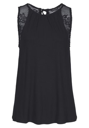 Czarna bluzka bez rękawów z koronkowymi panelami na ramionach i zapięciem na kokardę z tyłu przy dekolcie, luźny fason.