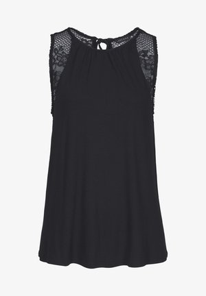 Czarna bluzka bez rękawów z koronkowymi panelami na ramionach i zapięciem na kokardę z tyłu przy dekolcie, luźny fason.