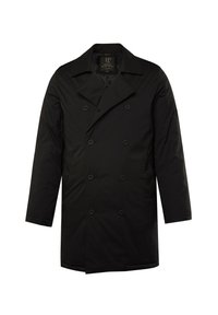 Abrigo negro de doble botonadura fabricado en tejido suave, con grandes botones, un amplio cuello y un diseño hasta la rodilla con mangas largas.