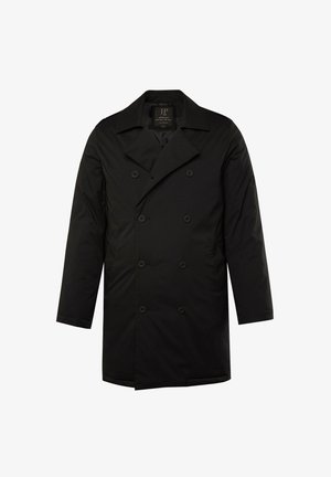 Schwarzer doppelreihiger Mantel aus glattem Stoff, mit großen Knöpfen, einem breiten Kragen und einem knielangen Design mit langen Ärmeln.