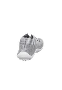 Gray mesh slip-on shoe with white sole, featuring elastic bands across the upper and a textured back for added grip.