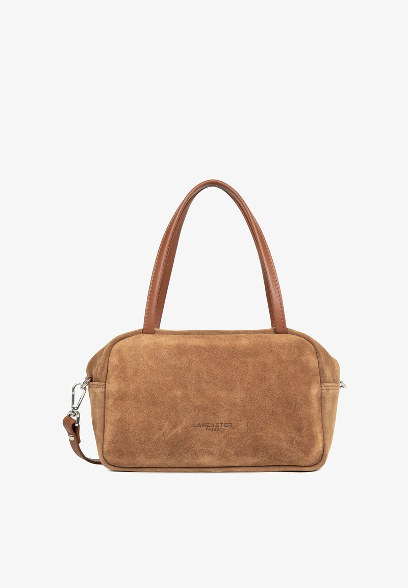 Sac à main rectangulaire en daim marron avec poignées en cuir lisse et logo Lancaster Paris embossé au centre devant.