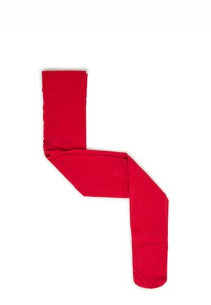 Collant rossi opachi realizzati in un tessuto morbido, con un design senza cuciture e una consistenza liscia, piegati a zigzag.