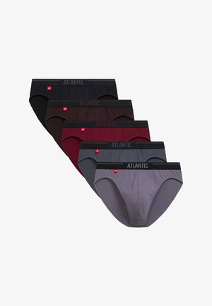 Pięć par bokserków w różnych kolorach: czarnym, ciemnobrązowym, bordowym, szarym i jasnoszarym. Wykonane z miękkiej tkaniny z elastycznym pasem.