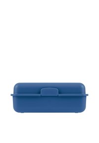 Scatola di plastica blu per la conservazione con superficie liscia, forma rettangolare, bordi arrotondati e una chiusura centrale per una chiusura sicura.