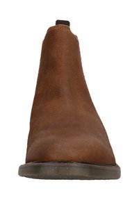 Brune ruskind ankelstøvle med en glat overflade, rund tå, lav hæl og elastiske sidepaneler. Har en mørk gummisål.