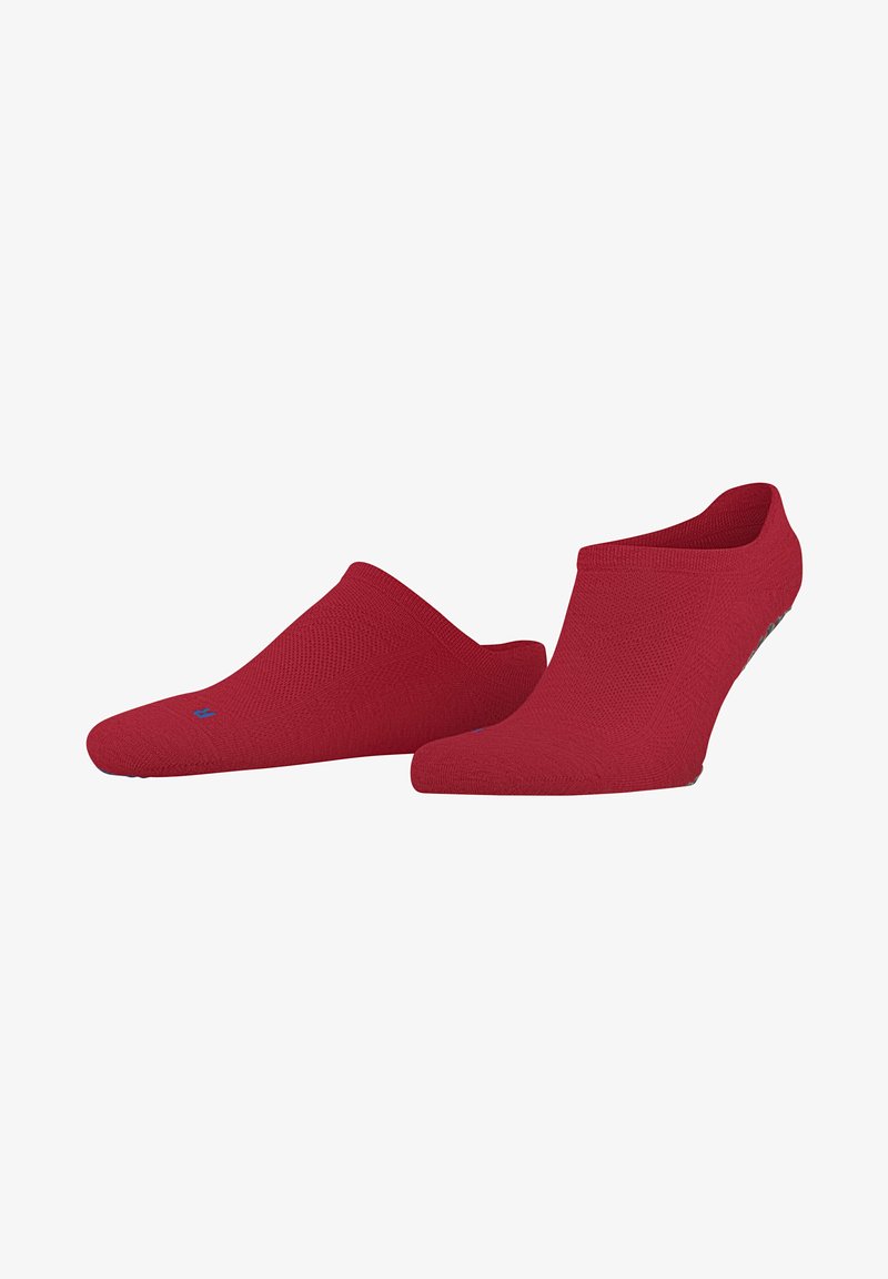Rode no-show sokken met een tekstuur gebreid ontwerp. Zacht, elastisch materiaal met een laag uitgesneden profiel en een klein blauw logo op één sok.