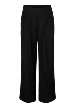 Mustad kõrge vöökoht ja laiad püksid, millel on ees voldid ja küljetaskud, mõeldud ametlikeks või äriüritusteks.