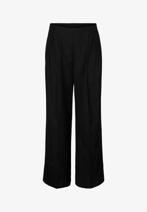 Zwarte hoge taille wijde broek met voorkeursplooien en zijzakken, ontworpen voor formele of zakelijke kleding.