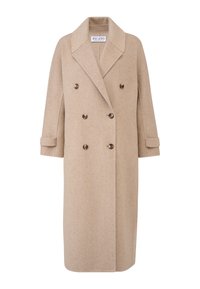 Beige dobbeltbrystet frakke lavet af uld, med en spids krave, store knapper og opbrugte ærmer. Lige silhuet og knælangt design.
