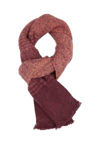 Strikket tørklæde i nuancer af mauve og burgundy, med en blød tekstur, et sammenflettet design og frynser i kanterne.